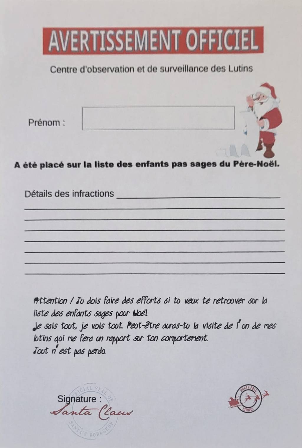 Lettre d&rsquo;Avertissement du Père-Noël pour un Enfant Pas&nbsp;Sage